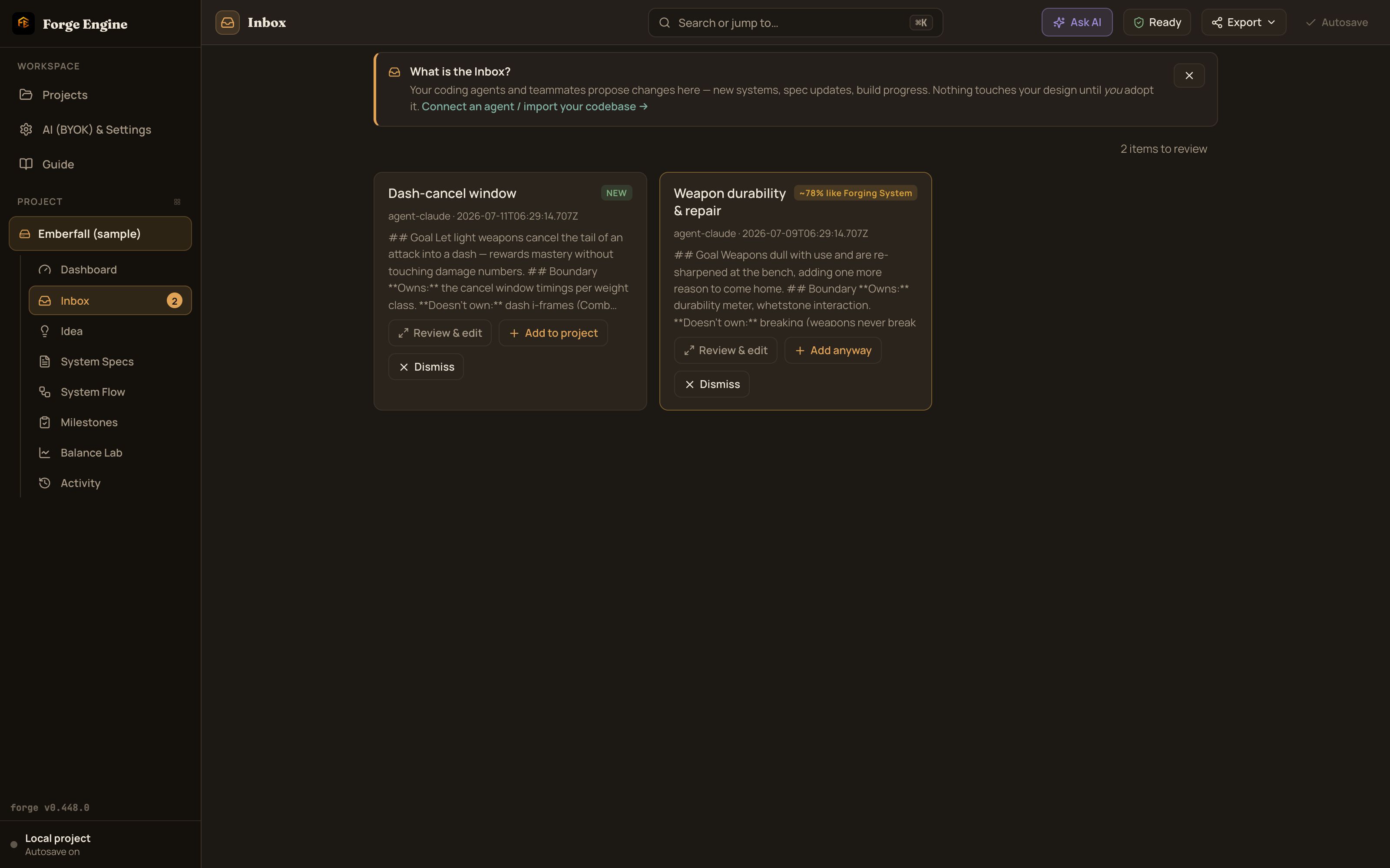 The Forge Inbox showing agent proposals waiting for review