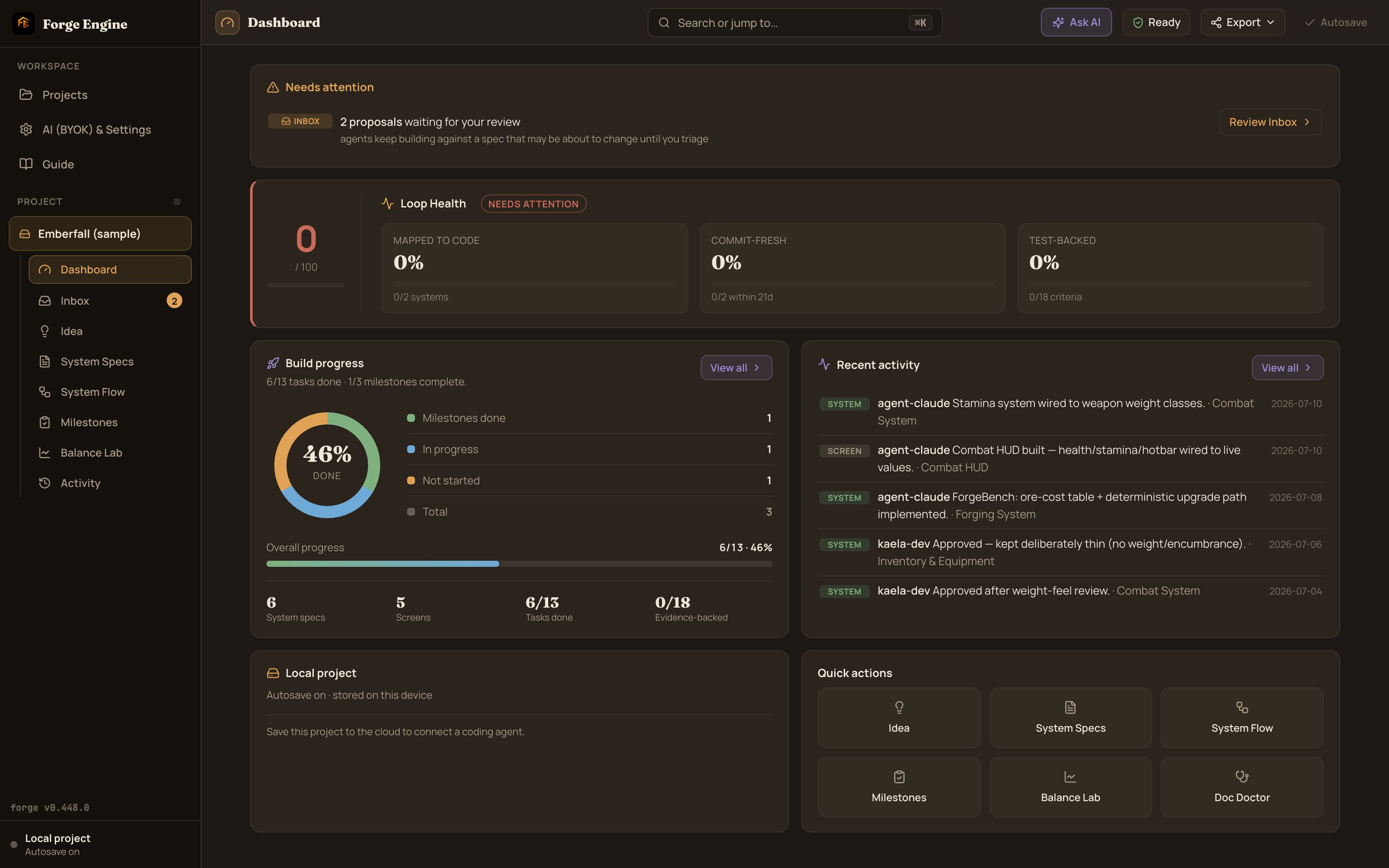 The build dashboard showing which files implement each system