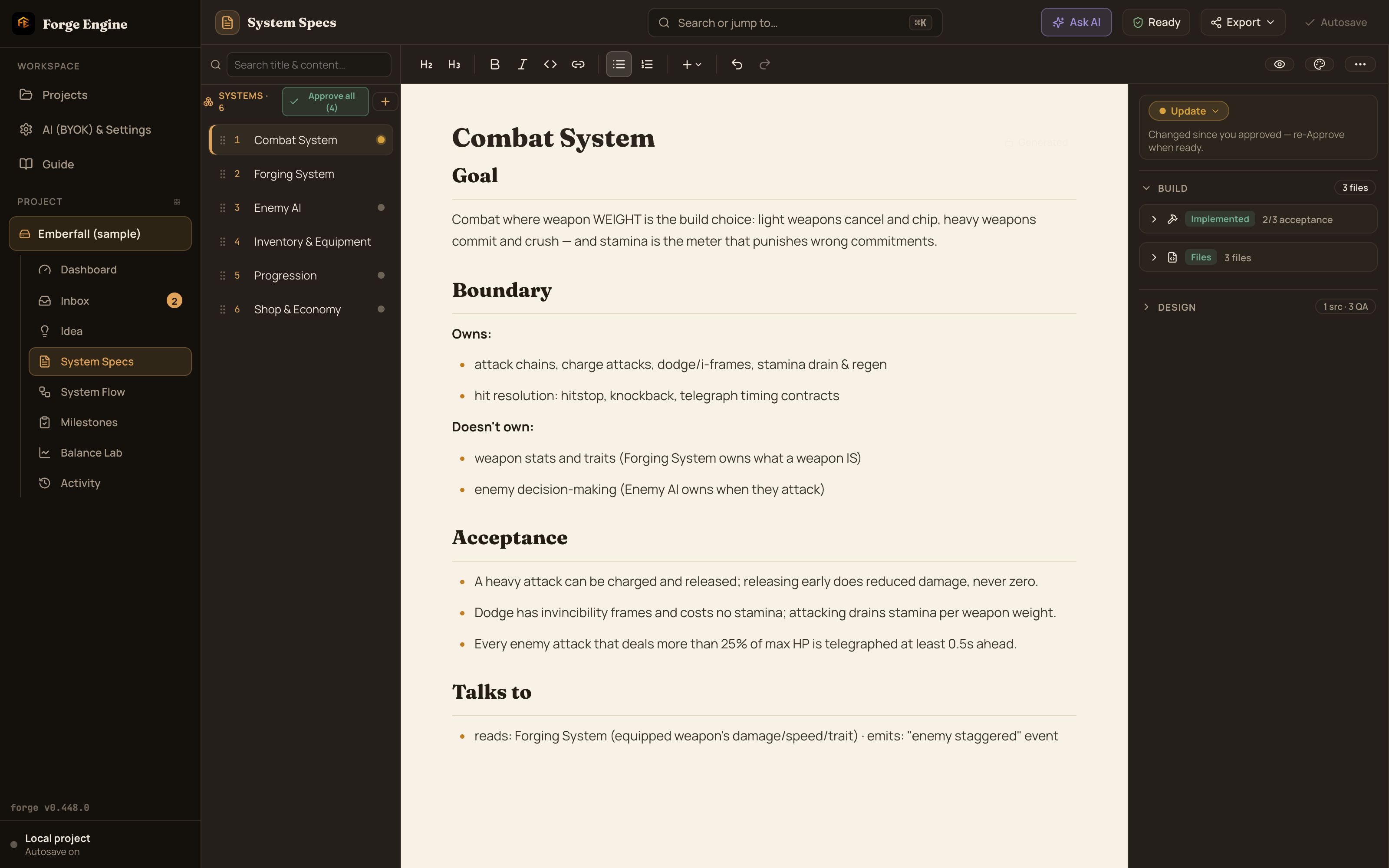 Generated Systems with Goal, Boundary and Acceptance in Forge