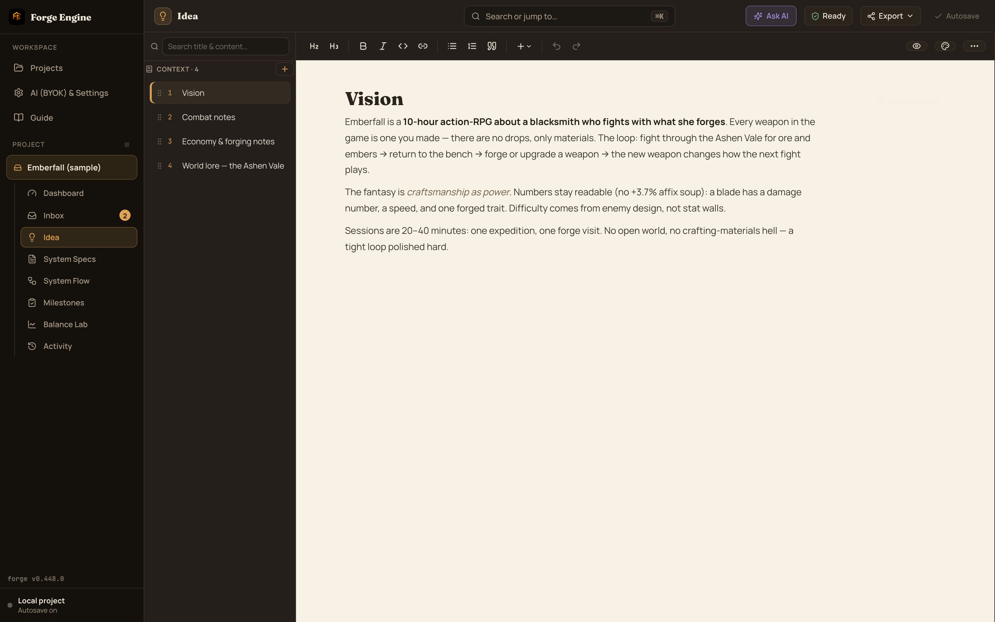 The Idea tab: free-form design writing in Forge